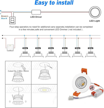 LightingWill 2inch LED Dimmable Downlight, 3W COB Recessed Ceiling Light, Warm White 3000K-3500K, CRI80, 25W 220LM Halogen Bulbs Equivalent, White (20 Pack)