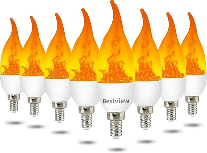 Bestview LED Flame Effect Light Bulbs,3 Modes Flickering Light Bulbs, Smart E12 Chandelier Base Candle Fire Light Bulb for Halloween, Christmas,Party, Porch, Indoor&Outdoor Home Decoration -8 Pack