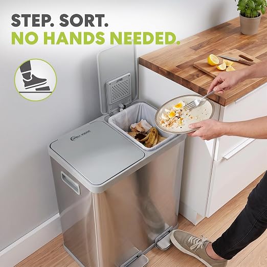 Simpli-Magic 16 Gallon (38L x 22L) Dual Compartment Step Trash Can – Kitchen Garbage Can with Waste & Recycling Bins – Slow-Close Lid, Odor Control, Hands-Free, Inner Bases, Brushed Stainless Steel