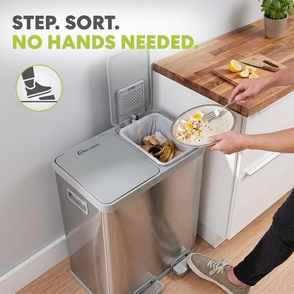 Simpli-Magic 16 Gallon (38L x 22L) Dual Compartment Step Trash Can – Kitchen Garbage Can with Waste & Recycling Bins – Slow-Close Lid, Odor Control, Hands-Free, Inner Bases, Brushed Stainless Steel