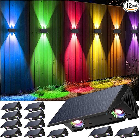 Fence Lights Solar Powered, 12-Pack Solar Fence Lights Up/Down Flexible Buttons, IP67 Waterproof for Outdoor, 100LM Bright, Auto Dusk to Dawn for Wall/Stairs/Yard/Railing/Deck/Pathway (White & RGB)
