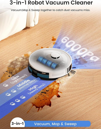 Lefant LiDAR Robot Vacuum and Mop, 75-Day Self-Emptying, 6000Pa Strong Suction, Customized Cleaning, Multi-Floor Mapping, 130 Min Runtime, 2.4G/5G WiFi/Alexa/APP/iWatch, M2L Plus