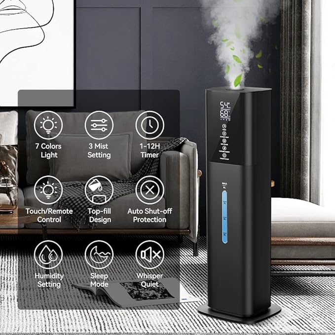 2.1Gal(8L) Humidifiers Large Room Bedroom Up to 550ft² Coverage, Quiet Ultrasonic Cool Mist Humidifier with Night Light, 3 Speeds, Adjustable Humidity, 12H Timer, Aroma Tray for Home Plants Baby