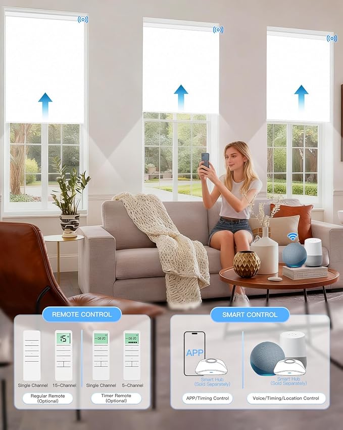 Tokblind Motorized Roller Shade with Remote Control, Blackout Electric Shade for Windows Compatible with Alexa Google via Hub, Rechargeable Smart Window Blind for Home Office (Vinyl White)