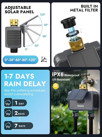 Insoma Solar WiFi Water Timer w/Adjustable 120° Solar Panel, 2-Zone Smart Sprinkler Timer Solar&Type-C Powered, APP&Voice Control Auto Irrigation for Lawn Garden, No Need Hub, Work with Alexa&Google