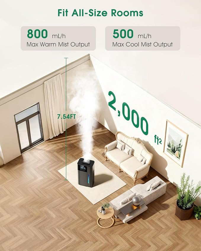 18L/4.7Gal Smart Humidifier Large Room, Warm & Cool Mist Humidifier for Bedroom, Up to 2500 sq ft Whole House Coverage, 800mL/h Output, Top Fill, 24H Timer, 70H Runtime, Humidifier for Home, Plant