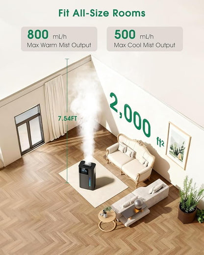 18L/4.7Gal Smart Humidifier Large Room, Warm & Cool Mist Humidifier for Bedroom, Up to 2500 sq ft Whole House Coverage, 800mL/h Output, Top Fill, 24H Timer, 70H Runtime, Humidifier for Home, Plant