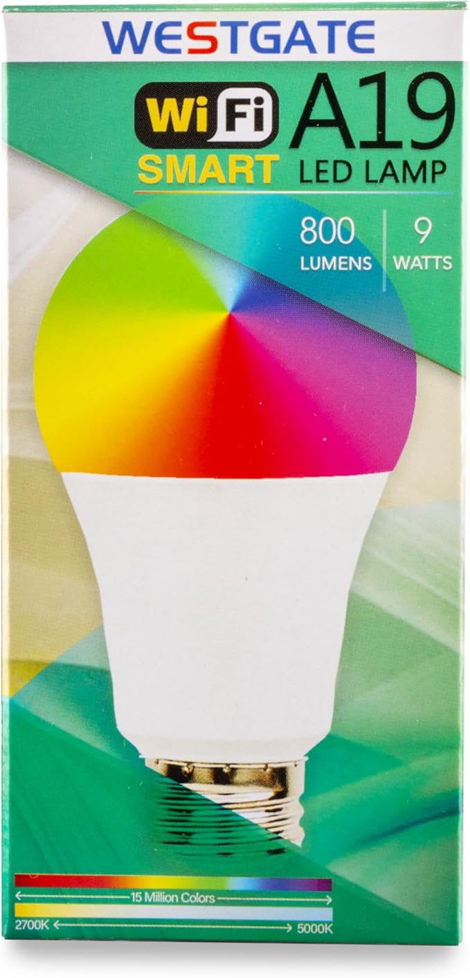 Westgate TC-A19-9W-RGBW-WIFI E26 LED Bulb, Smart Light Bulb, Color Changing Light, A19 Shape, Dimmable - Smart App Compatible, Compatible with Alexa, Works with Google
