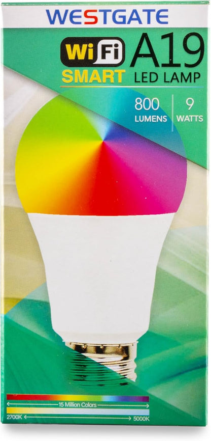 Westgate TC-A19-9W-RGBW-WIFI E26 LED Bulb, Smart Light Bulb, Color Changing Light, A19 Shape, Dimmable - Smart App Compatible, Compatible with Alexa, Works with Google