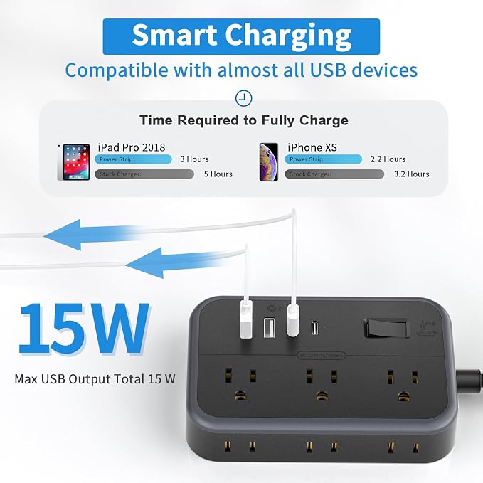 10 in 1Power Strip NTONPOWER Ultra Thin Flat Plug Extension Cord with 4 USB Ports(Include 2 USB C) Surge Protector Power Strip with Flat Cord 6 Widely Spaced Outlet(2 Side) 5 Ft Extension Cord-Black