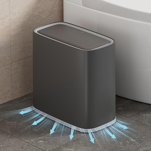 Small Bathroom Trash Can with Lid, 8L / 2.1 Gallon Narrow Garbage Bin with Wheels, Air-Press Bag Expander & Inner Bucket, Press Top Wastebasket for Bedroom, Office, Toilet, Odor Sealing Diaper Pail