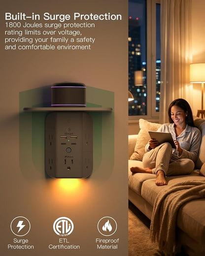 Wall Outlet Extender with Shelf and Night Light, Surge Protector, USB Wall Charger with 5 AC Outlets and 2 USB A Ports 2 USB C Ports Wide Space 3-Sided Power Strip Multi Plug Outlets, Gray