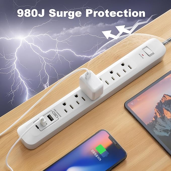 2 Pack Power Strip Surge Protector - 6 Outlets 3 USB Charging Ports (1 USB C), 10Ft Extension Cord, Flat Plug, Overload Protection, Wall Mount for Office Home, Dorm Room White