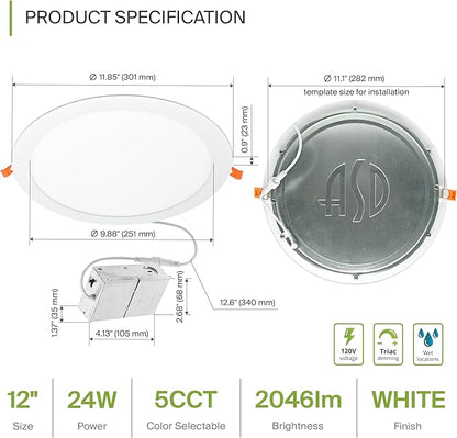 ASD 4 Pack 11/12 Inch LED Recessed Lighting 24W, 5 CCT 2700K-5000K CRI90+, IC Rated Ultra Thin Dimmable Ceiling Lights with J Box, Canless Wafer Downlight, Round Slim Panel Light, UL Listed, White