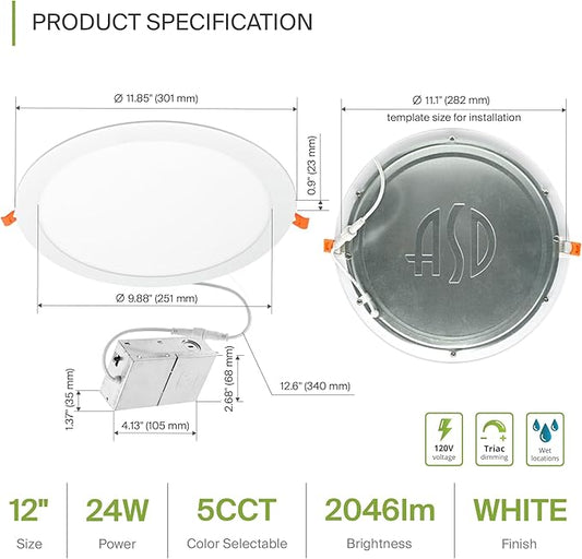 ASD 4 Pack 11/12 Inch LED Recessed Lighting 24W, 5 CCT 2700K-5000K CRI90+, IC Rated Ultra Thin Dimmable Ceiling Lights with J Box, Canless Wafer Downlight, Round Slim Panel Light, UL Listed, White