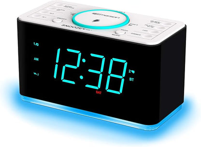 Emerson ER100401 Smartset 15Watt Ultra Fast Wireless Charging Dual Alarm Clock Radio with Bluetooth Speaker, USB Charger, Cyan LED Night Light and 1.4" Display