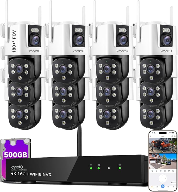 xmartO [Dual-Image Wide FOV 16CH Security Camera System Wireless, 12-Set 2-in-1 Cameras, 4K Long Range WiFi 6 Surveillance NVR, Pan Tilt Zoom 4MP QHD Home CCTV Camera Set with 500GB, 7/24 Record