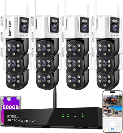 xmartO [Dual-Image Wide FOV 16CH Security Camera System Wireless, 12-Set 2-in-1 Cameras, 4K Long Range WiFi 6 Surveillance NVR, Pan Tilt Zoom 4MP QHD Home CCTV Camera Set with 500GB, 7/24 Record