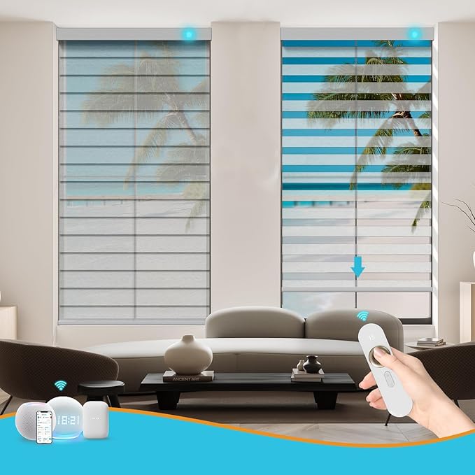 Motorized Zebra Blinds with Remote, Work with HomeKit Alexa, Smart Light Filtering Horizontal Automatic Electric Window Shades for Home Office Customsize(55% Blackout Treebark Light Grey)