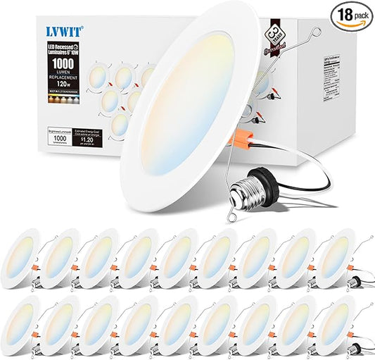 LVWIT 6 inch LED Recessed Lighting, Slim Can Lights with White Cover, 5CCT Color Selectable, Dimmable Downlight with E26 Conversion Kit, 18 Pack