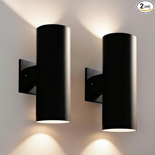 Outdoor Wall Lights 2 Pack, 12'' Up and Down LED Cylinder Exterior Lighting Fixtures, 23W 3000K IP65 Waterproof Wall Sconces for House, Garage, Patio, Porch, Black