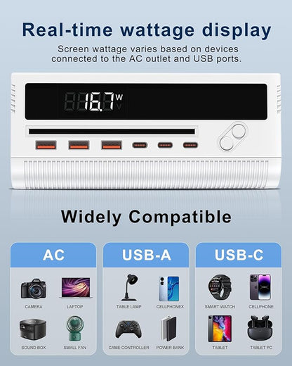 10-in-1 USB Charging Station, 4 Outlets Power Strip with 6 USB, 5 FT Long Extension Cord, 45° Flat Plug, 20W Fast Mulit Charging Station for Home Office Travel Plug Extension Outlet (White)