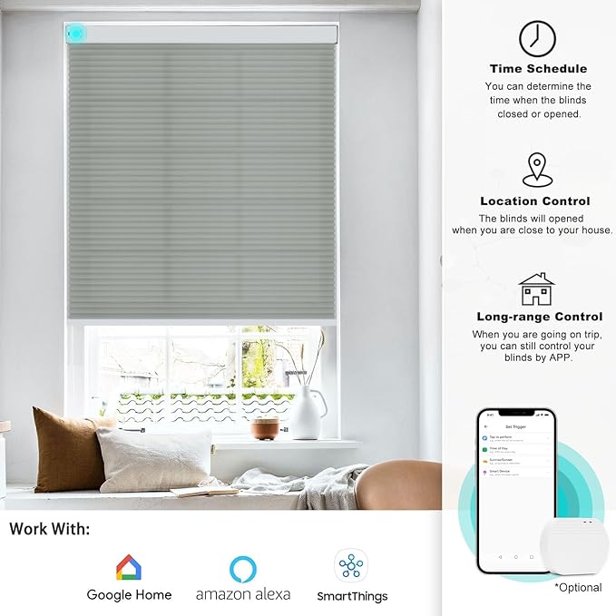 Changshade Smart Motorized Cellular Shades Remote Control for Indoor Windows Doors, Custom Size Electric Automatic Light Filtering Honeycomb Blinds Work with Alexa, Google Home, Smarthings, Grey