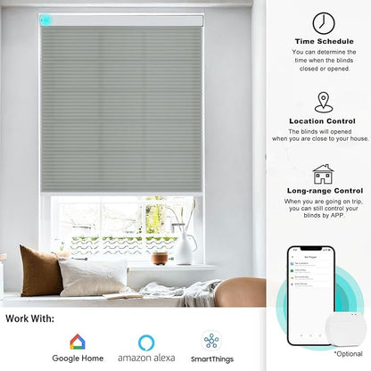 Changshade Smart Motorized Cellular Shades Remote Control for Indoor Windows Doors, Custom Size Electric Automatic Light Filtering Honeycomb Blinds Work with Alexa, Google Home, Smarthings, Grey