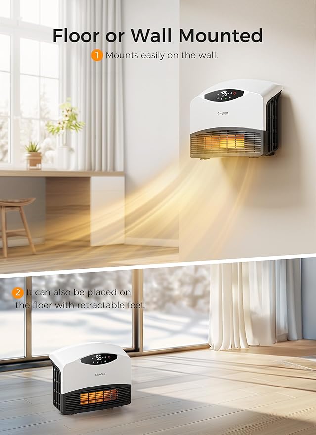 GiveBest Smart Wall Heater, 1500W Electric PTC Space Heaters for Indoor Use, Adjustable Thermostat, Remote Control, Compatible with Alexa, 24H Timer Heat for Bedroom Office Home Garage RV