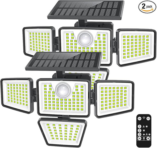 daphino 3000LM Solar Lights Outdoor with Motion Sensor,4 Head 270° Wide Angle Street Area Lights,IP65 Waterproof Security Lighting with 3 Modes(Remote,2 Pcs)