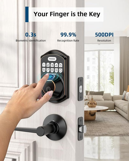 TEEHO TE002L Fingerprint Door Lock with 2 Lever Handles, Keyless Entry Deadbolt with Handle Set, Electronic Keypad Deadbolt for Front Door, Auto Lock and 1 Touch Locking, Oil Rubbed Bronze