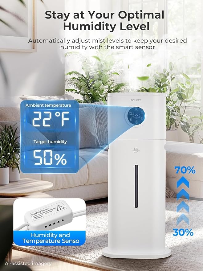 FOHERE 12L Humidifier for Large Room 1000ft², 120H Runtime, 1000ml/h Mist