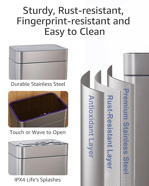 Kitchen Trash Can 13 Gallon / 50L, Automatic Touchless Sensor Garbage Can with Butterfly Lid, USB Rechargeable 2400mAh Battery, Stainless Steel Soft-Close Trash Bin for Home (120 Count Trash Bags)