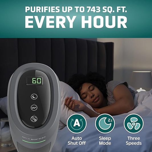 GermGuardian HEPA Air Purifier for Home, Large Rooms Up To 743 Sq. Ft. with HEPA PURE Air Filter, Air Quality Monitor & UV-C Light, AC4880G, 22" Tower, Graphite