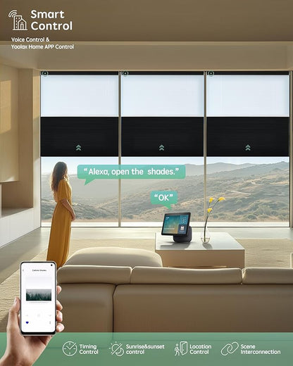 Yoolax Smart Motorized Day and Night Cellular Shades with Remote, Top Down Bottom Up Blinds Compatible with Alexa, Honeycomb Blinds (White Light Filtering+Black Blackout)