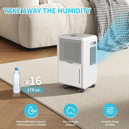 Dehumidifier for Home Basement, 17 Pints Dehumidifiers with Drain Hose for 550 Sq. Ft Bedroom Bathroom Small Room RV, 3 Working Modes, Smart Humidity Control, 24H Timer, Auto Defrost