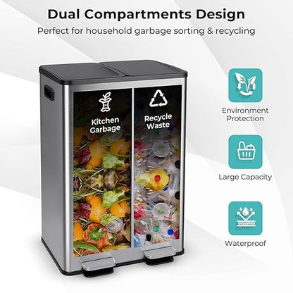 Goplus Dual Trash Can, 16 Gallon/ (2x30L) Double Trash and Recycling Bin Combo for Kitchen, Stainless Steel Garbage Can with 2 Removable Inner Buckets, Soft Closure & Step-on Pedal