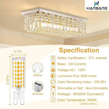10-Pack G9 LED Bulbs 3000K Yellow, Warm White, 6W 60W Equivalent, 600LM Warm White T4 Crystal Chandelier Lights, G9 Bi-Pin Ceramic Base, Non-Dimmable