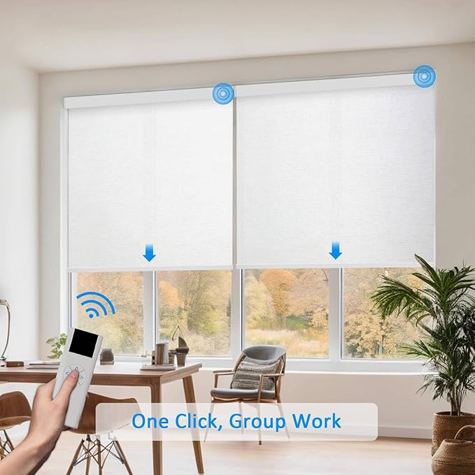 Motorized Blinds with Remote Cordless Automatic Motorized Shades Custom Blinds for Windows Smart Curtains Compatible with Alexa Google Home(Light Filtering Jacquard White,W70 x H72in)