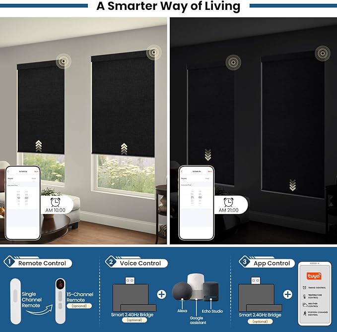 No Drill Motorized Blinds with Remote, Blackout Automatic Blinds with Solar Panel, Cordless Smart Electric Roller Shades for Windows, Black, 48 x 72