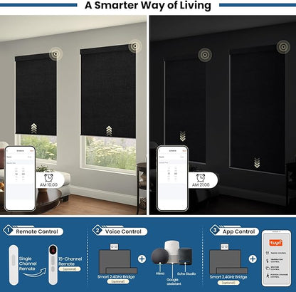 No Drill Motorized Blinds with Remote, Blackout Automatic Blinds with Solar Panel, Cordless Smart Electric Roller Shades for Windows, Black, 46 x 72