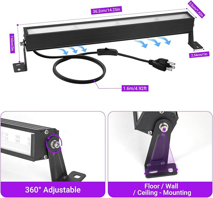 38W LED Black Light Bar Blacklight Bars with Plug and Switch Light Up 22x22ft Area for Glow Party Halloween Parties Bedroom Decorations Stage Lighting -1pack