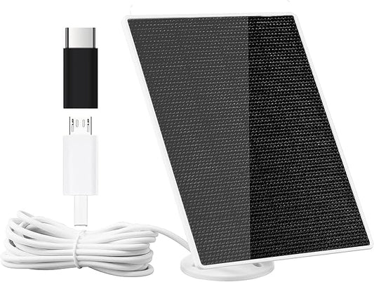 DCT Solar Panel for Security Camera, 5W with Micro USB & Type-C Port, IP65 Waterproof Outdoor DC 5V Rechargeable Battery 360° Adjustable Mounting Bracket, 10ft Cable, Black, 6.6*4.85*1.5IN, S5