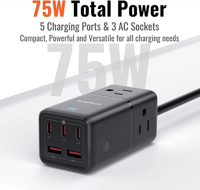NENJI 75W GaN USB C Charger Station, Super Fast Charging 8-in-1 Power Strip with 5 USB & 3 AC Ports, Smart Charging, PD Charger for iPhone, Samsung, iPad, MacBook – Desktop & Travel-Friendly – Black