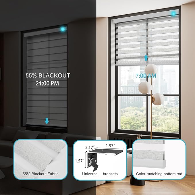 Motorized Zebra Blinds with Remote, Work with HomeKit Alexa, Smart Light Filtering Horizontal Automatic Electric Window Shades for Home Office Customsize(55% Blackout Treebark Light Grey)