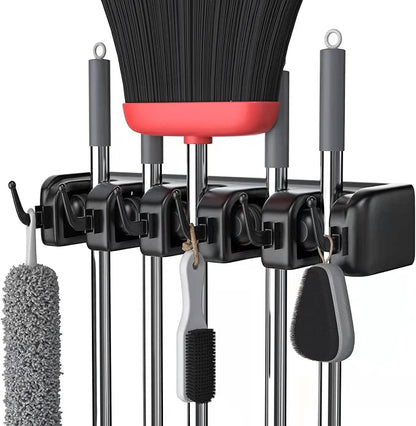 LETMY Broom Holder Wall Mount - Mop and Broom Hanger Holder - Garage Storage Rack & Garden Tool Organizer - 5 Position 6 Hooks Broom Rack for Home, kitchen, Garden, Tools, Garage Organization - Black