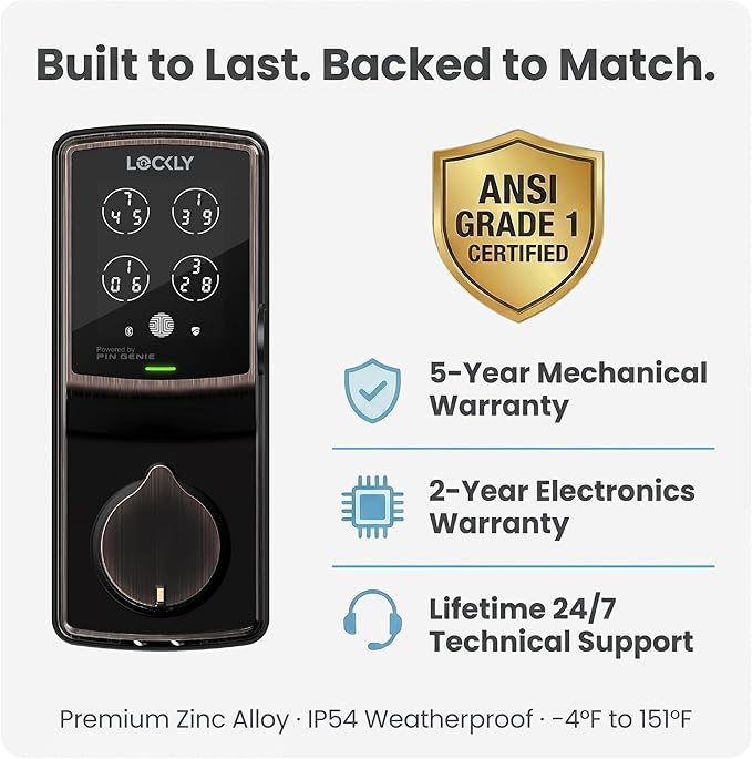 Lockly Secure Plus, Keyless Entry Door Lock, Smart Locks for Front Door, Smart Lock Deadbolt, PIN Genie® Keypad, 3D Biometric Fingerprint Sensor, Auto Lock Smart Door Lock