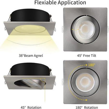 KnLnny Ware Brushed Nickel Square Recessed Lights 4 inch 6 Pack,Gimbal Recessed Lights with Junction Box,dimmable, 5CCT Selectable,9W 750LM