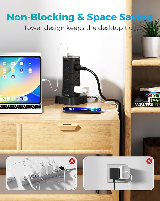 Charging Station Tower, Power Strips with Surge Protection, Flat Plug, 12 Outlets 4 USB Ports, 1875W/15A 1080J 6Ft Extension Cord with Multiple Outlets, Office Desk Supplies, Dorm Essentials, Black
