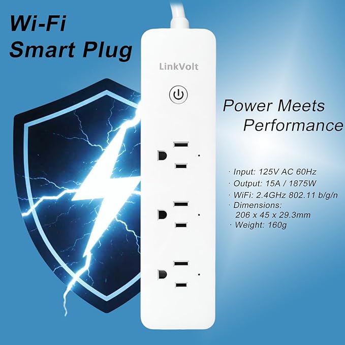LINKVOLT Smart Power Strip WiFi Surge Protector Alexa Google Home Voice Control Outlet Extender for Home Office 3AC 15A 1875W 2.4GHz Voice Control